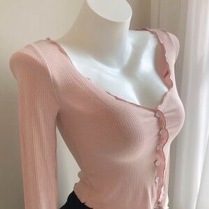 Ribbed Button-Front Long Sleeve Top - Blush Pink